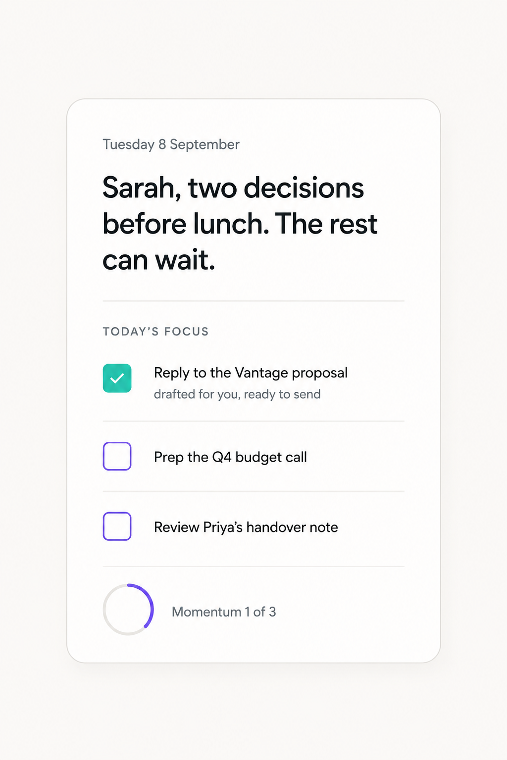 Example Monday morning view showing promises, changes and what is due